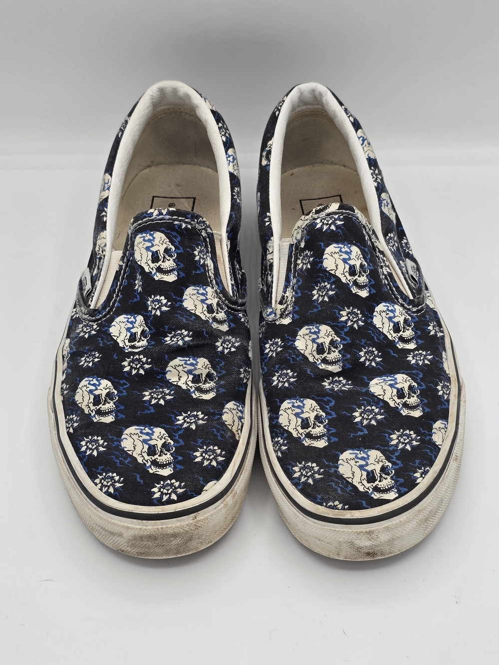 Vans Black Blue Skull Floral Classic Slip-On Skate Shoes